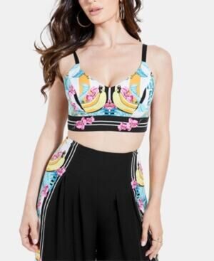 Guess Emmeline Printed Tie Back Bralette Floral Banana Womens Large